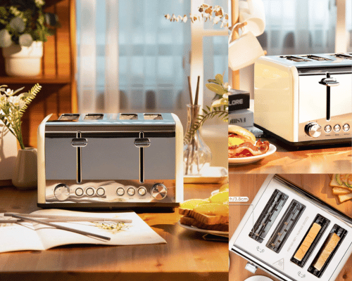 Toaster 4 Slice, CUSIBOX Retro Stainless Steel Extra Wide Slots Toaster with Bagel, Defrost, Cancel Function, 6 Bread Shade Settings, 1650W, Cream