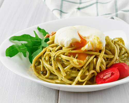 Bucatini Pasta with Kale and a Poached Egg