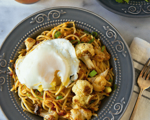 Bucatini Pasta with Kale and a Poached Egg