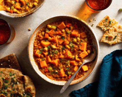 Coconut Lentils with Roasted Chickpeas and Winter Squash 