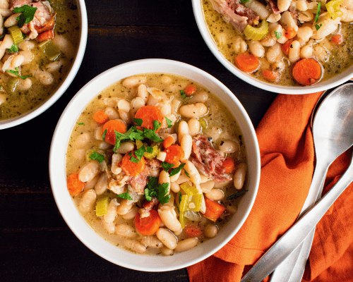 White Bean and Ham Soup with Parmesan Toasts